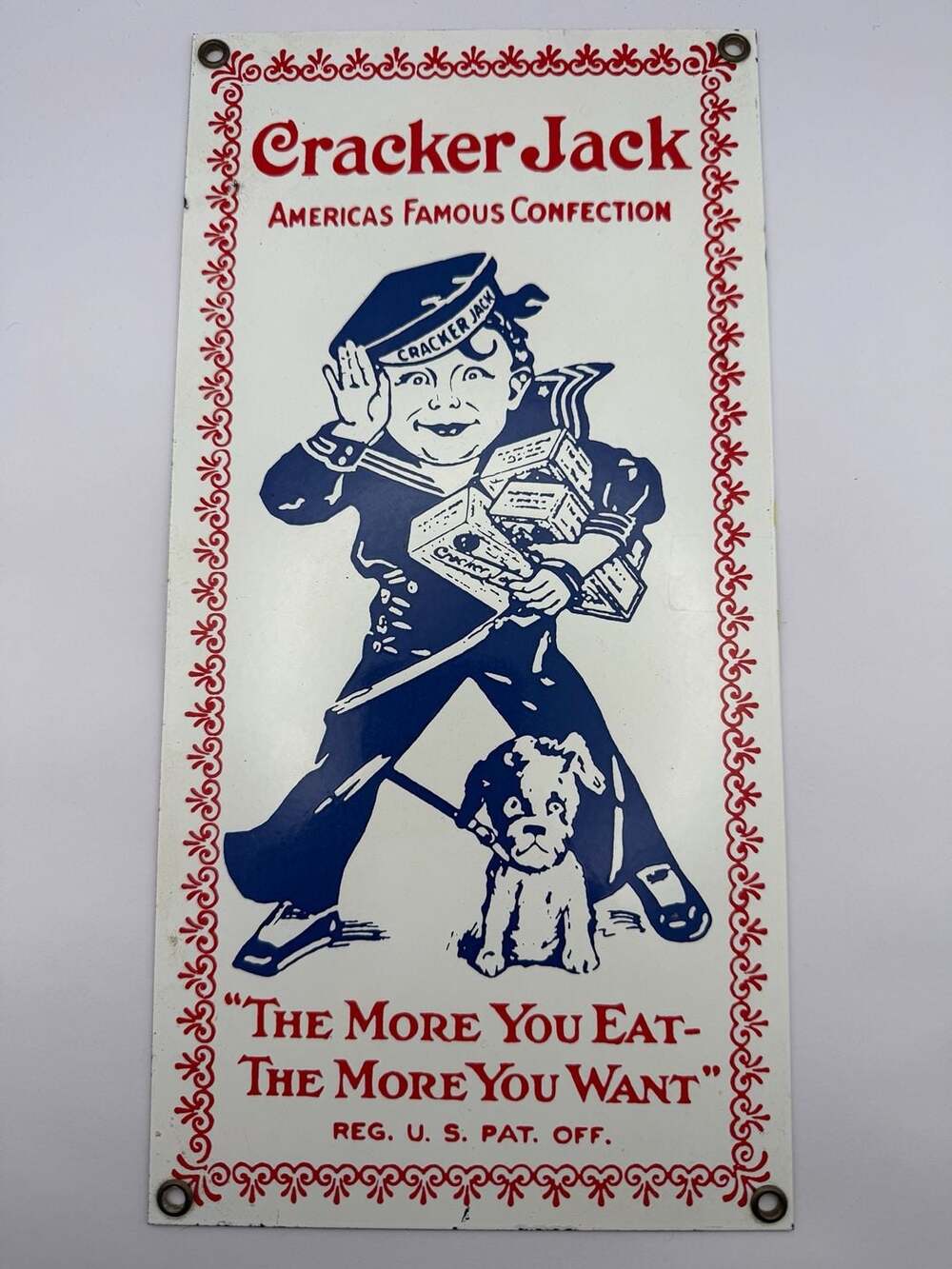 Vintage 12” x 6” Ande Rooney Cracker Jack Porcelain Enameled Advertising Sign